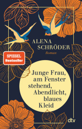 Schröder, Alena: Junge Frau, am Fenster stehend, Abendlicht, blaues Kleid